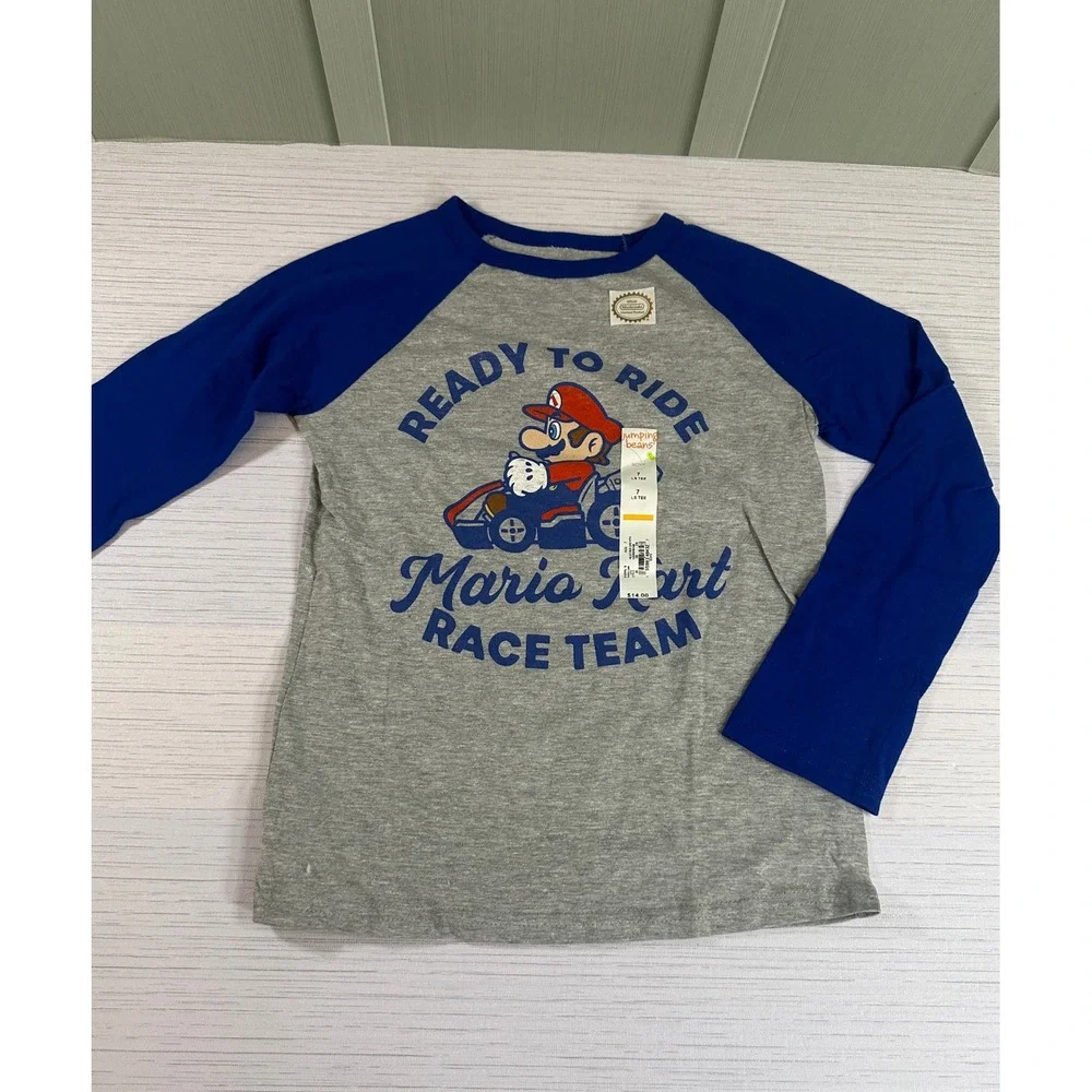 Jumping Beans Mario Kart Race Team Long Sleeve Shirt Boys Size 7 Gray Blue